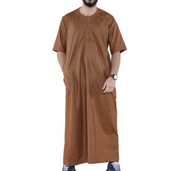 CCY Muslim Men Thobe Short Sleeve Jubba Kandura Islamic Clothing Kaftan for Men Saudi Arab Style Maxi Dress Ramda Brown Robe